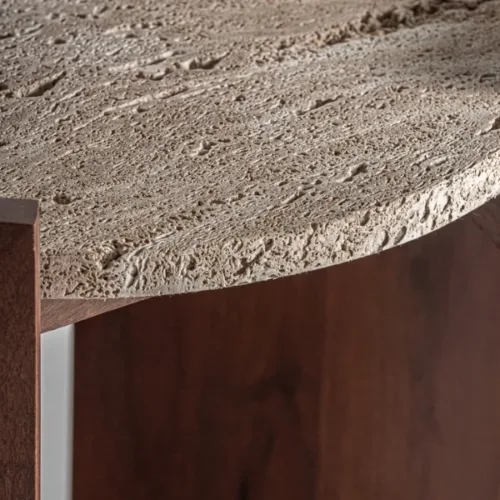 mesa de marmol travertino y madera de mango