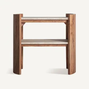 Mesa auxiliar de madera de acacia y mármol travertino