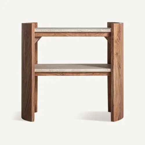 Mesa auxiliar de piedra travertino y acacia