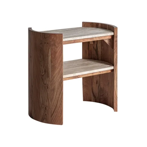 Mesa auxiliar de piedra travertino y acacia