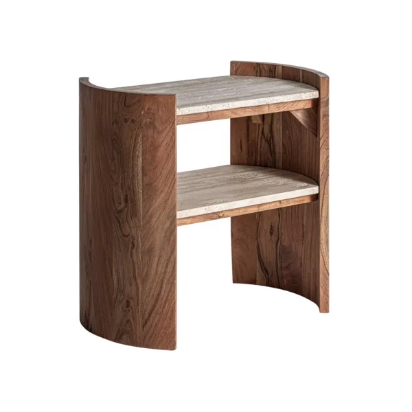 Mesa auxiliar de piedra travertino y acacia