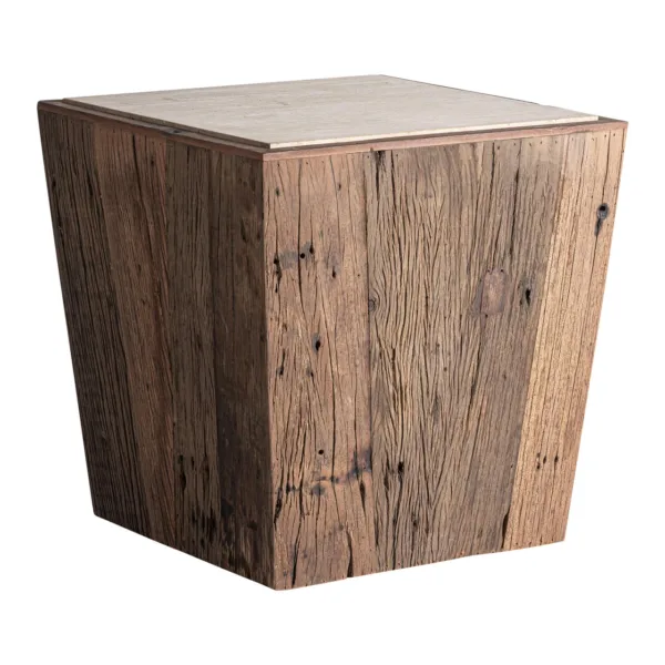 Mesa auxiliar rústica de madera y travertino Merkem