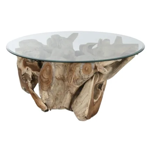 Mesa de centro de raíz de teca y cristal 100X100X45