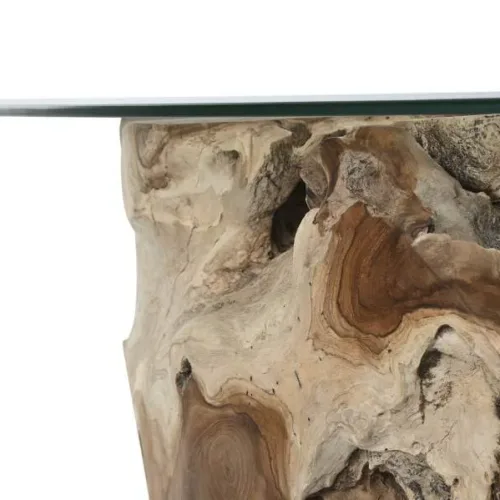 Mesa de centro de raíz de teca y cristal 100X100X45