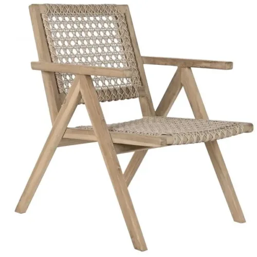 Sillón de teca y fibra trenzado a mano 60X70X82