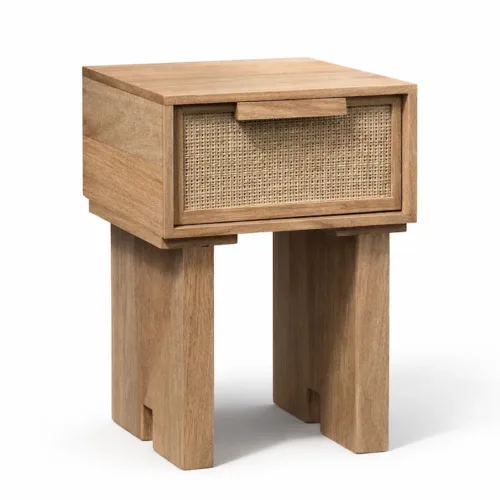 Mesita de noche de mango y ratán 40X40X53