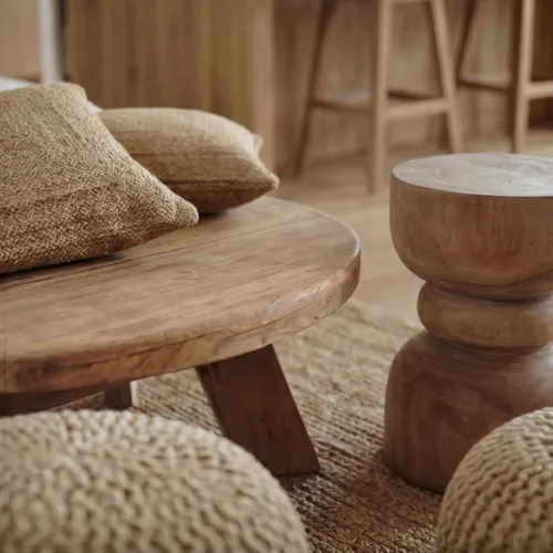 Mesa auxiliar redonda de madera de suar artesanal