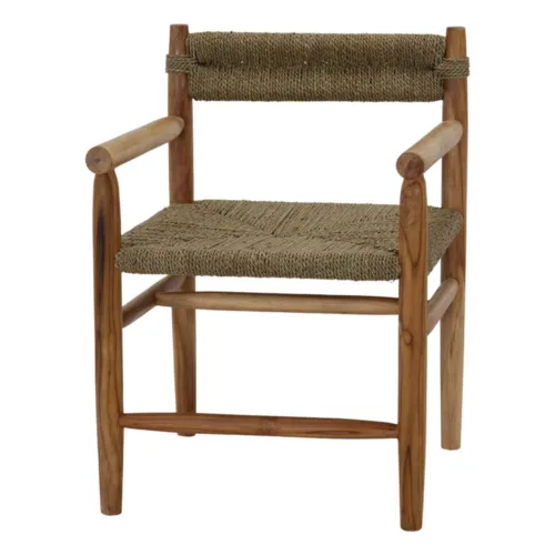 Silla de comedor de madera tropical y cuerda con brazos