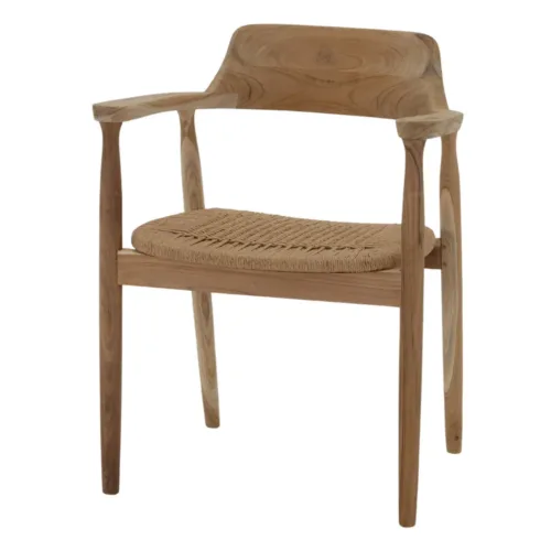 Silla de comedor de teca y cuerda natural con brazos