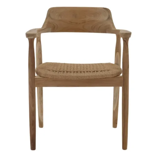 Silla de comedor de teca y cuerda natural con brazos