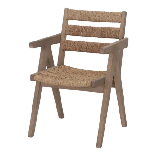 Silla de madera de olmo y cáñamo natural con brazos