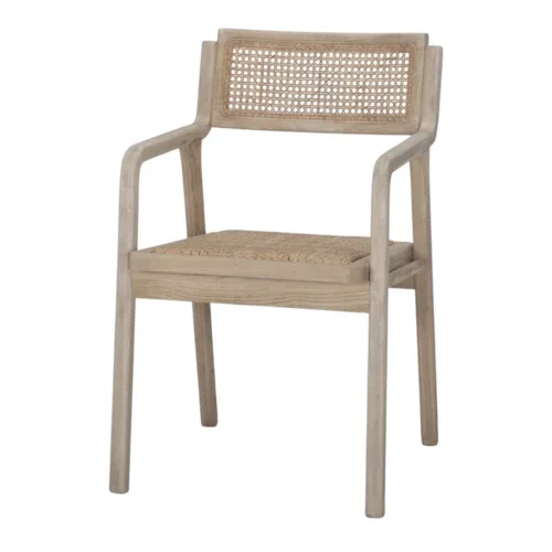 Silla de madera de olmo y ratán natural con brazos