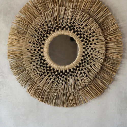 Espejo redondo de fibra vegetal natural y negro Ø 70 cm