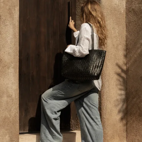 Bolso shopper de cuero negro 63 cm