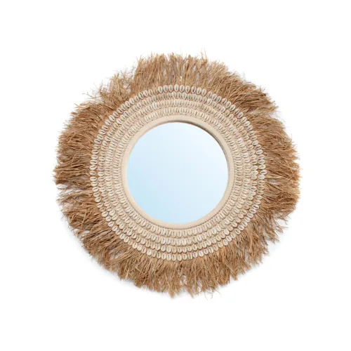 Espejo redondo de rafia y concha blanco natural Ø 75 cm