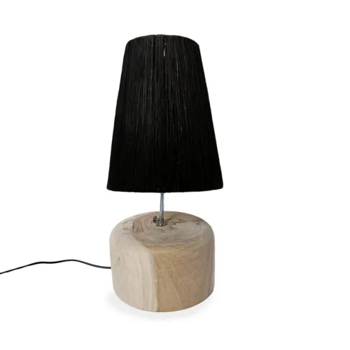 Lámpara de mesa de madera de teca y rafia negra 55 cm