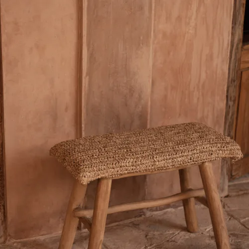 Banco de madera de teca y rafia natural 60 cm