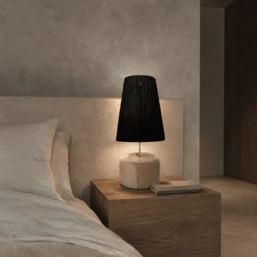 Lámpara de mesa de madera de teca y rafia negra 55 cm